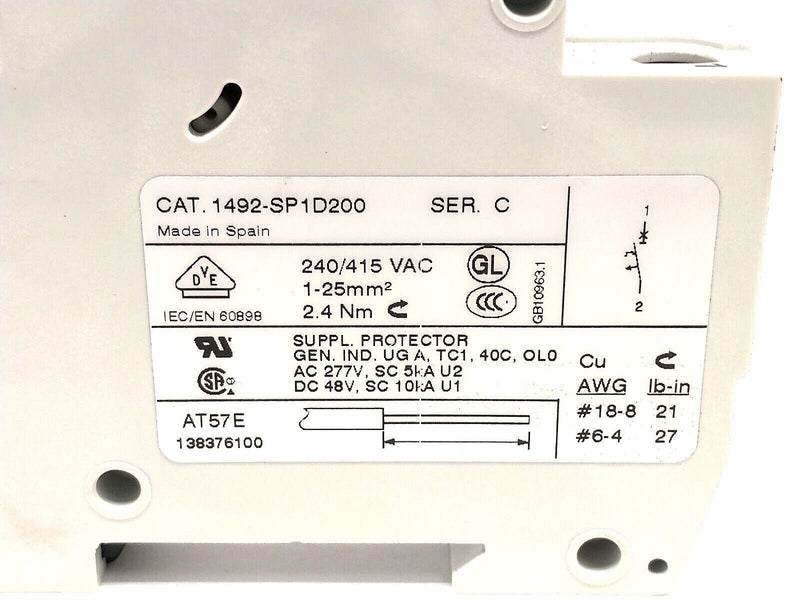 Allen Bradley 1492-SP1D200 Ser. C Miniature Circuit Breaker 1 Pole 20A D Curve - Maverick Industrial Sales