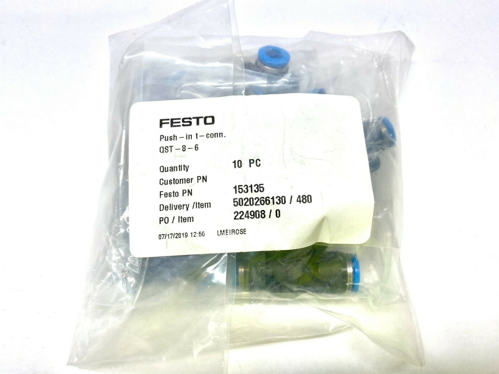 Festo QST-8-6 Pneumatic Push In Tee Connector 8mm x 8mm x 6mm 1531135 - Maverick Industrial Sales