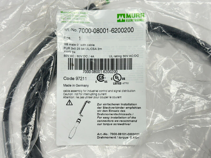 Murr Elektronik 7000-08001-6200200 Cordset M8 Male 3-Pin - Flying Leads 2m - Maverick Industrial Sales