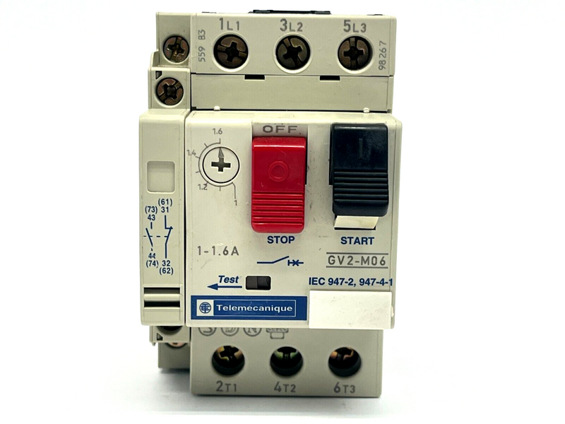 Telemecanique GV2-M06 Motor Circuit Breaker 1-1.6A w/ GV2-AN11 Auxiliary Block - Maverick Industrial Sales