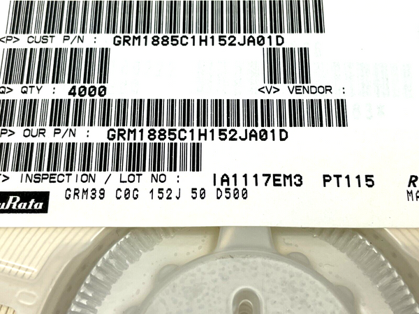 Murata GRM1885C1H152JA01D Ceramic Capacitor REEL OF 3800 - Maverick Industrial Sales