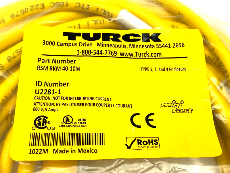 Turck RSM RKM 40-10M Actuator and Sensor Cable 10m Length U2281-1 - Maverick Industrial Sales