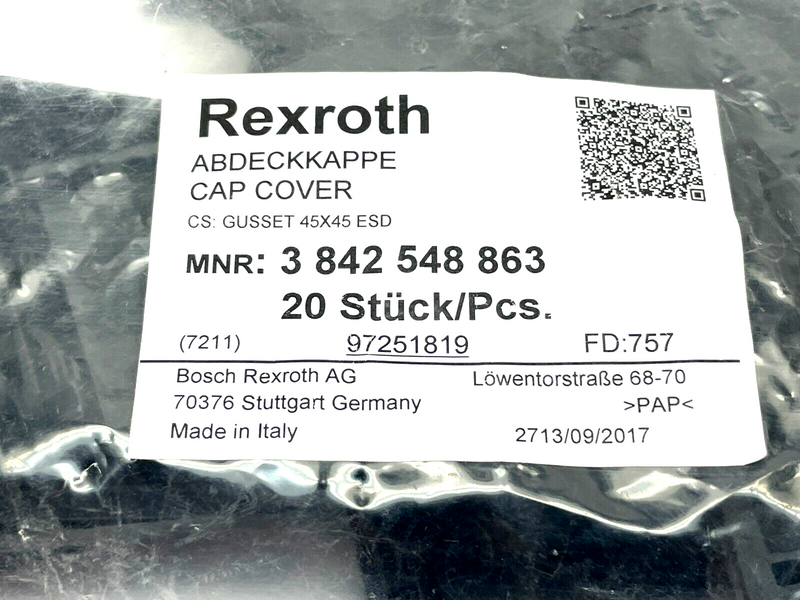 Bosch Rexroth 3842548863 Gusset Cap Cover 45x45 PKG OF 20 - Maverick Industrial Sales
