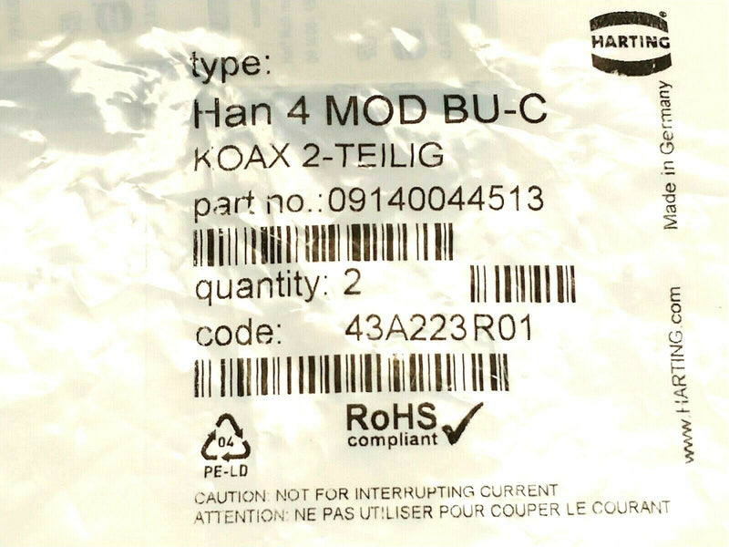 Harting 09140044513 Han Multi Module 4-Contact Female Connector Insert LOT OF 2 - Maverick Industrial Sales