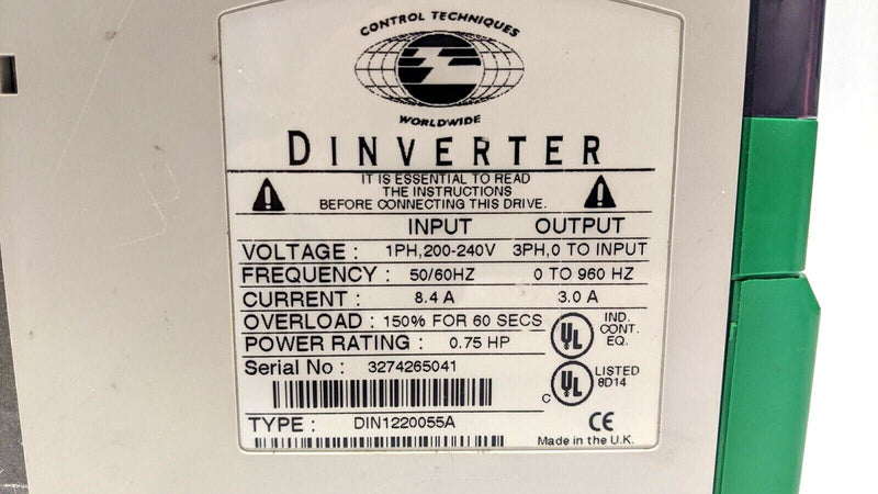 Control Techniques DIN1220055A Dinverter 0.55KW AC Drive 240V AC Single Phase - Maverick Industrial Sales