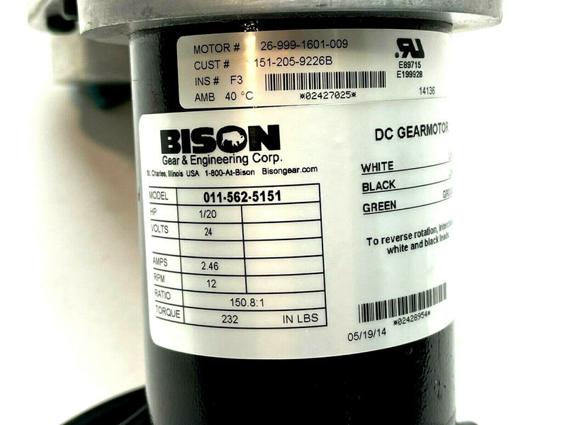 Bison 011-562-5151 Parallel Brushed DC Gearmotor 2.46A 1/20hp 12RPM - Maverick Industrial Sales