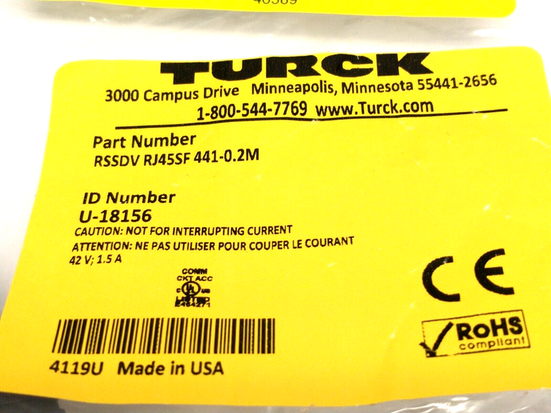 Turck RSSDV RJ45SF 441-0.2M Ethernet Cordset Male M12 To RJ45 0.2m U-18156 - Maverick Industrial Sales