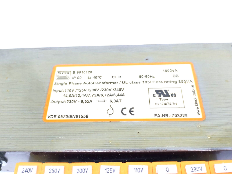 Block 703329 Single PH Autotransformer 9610120 110-240V 1500VA VDE 0570/EN61558 - Maverick Industrial Sales