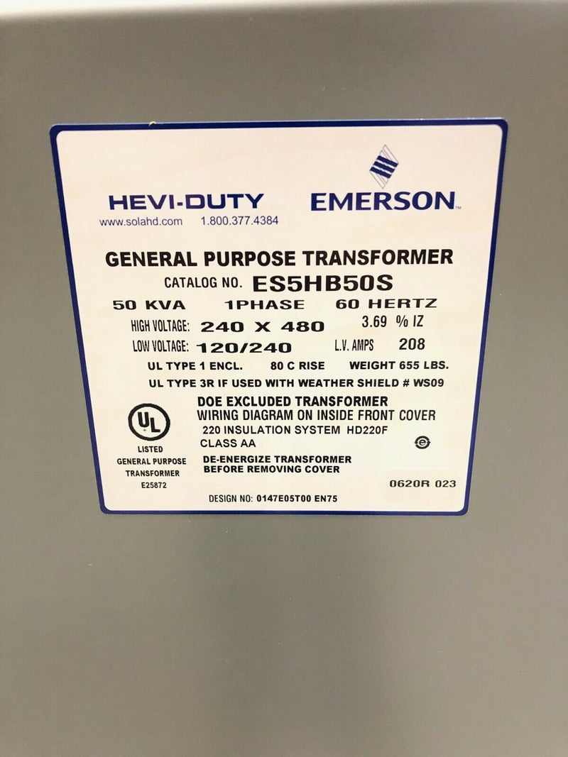 Emerson ES5HB50S Hevi-Duty General Purpose Transformer 50 KVA 240X480-120/240 1P - Maverick Industrial Sales