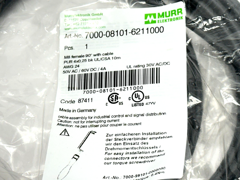 Murr Elektronik 7000-08101-6211000 Cordset M8 Female 4-Pin - Flying Leads 10m - Maverick Industrial Sales