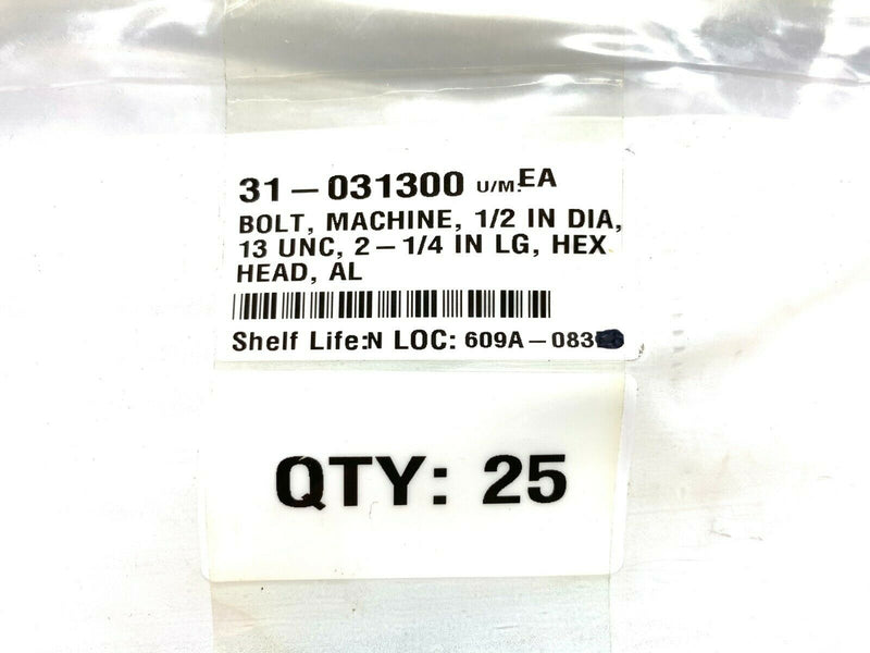 Hex Head Bolt Aluminum 1/2-13" x 2-1/4" Length LOT OF 25 - Maverick Industrial Sales