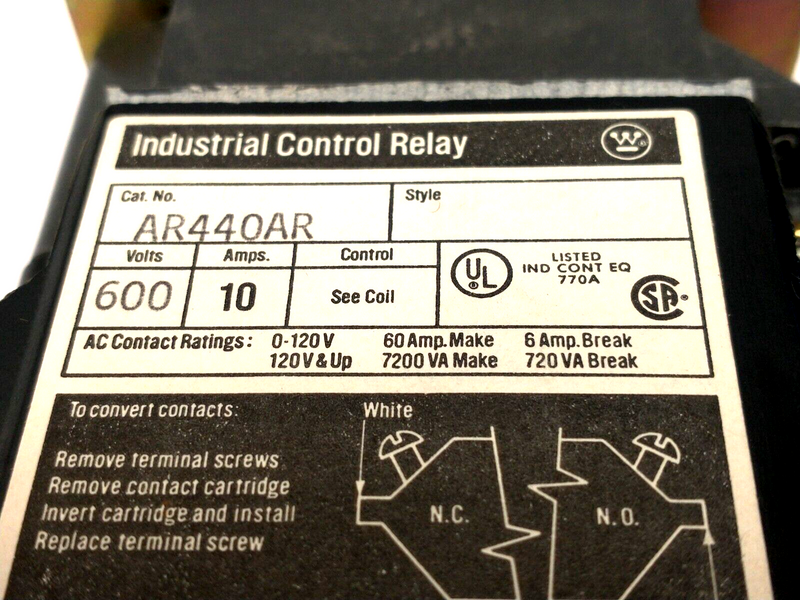 Westinghouse AR440AR Industrial Control Relay 600V 10A 4NO 4P 120V Coil - Maverick Industrial Sales