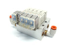 SMC SS5Y3-F2J03 Manifold w/ 5 SY3140-5LOU Solenoid Valves 1 Damaged - Maverick Industrial Sales