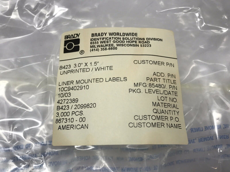 Brady 3000 PCS 3.0" X 1.5" UN/WHT Glossy Labels B423 85480 2099820 - Maverick Industrial Sales