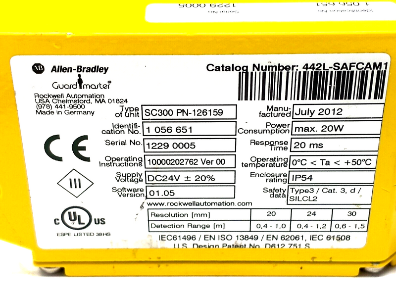 Allen Bradley 442L-SAFCAM1 Guardmaster SC300 Safety Sensor 1056651 CRACKED GLASS - Maverick Industrial Sales