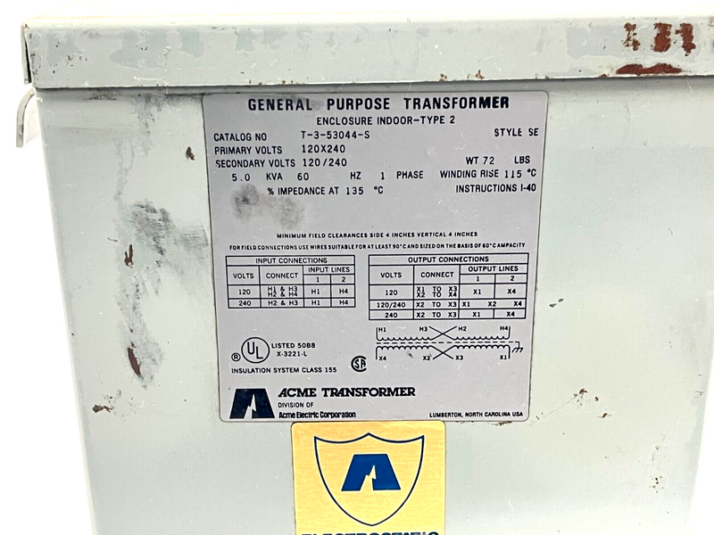 Acme Transformer T-3-53044-S 120-240V 1 Phase 60 Hz 120/240 Secondary SE - Maverick Industrial Sales