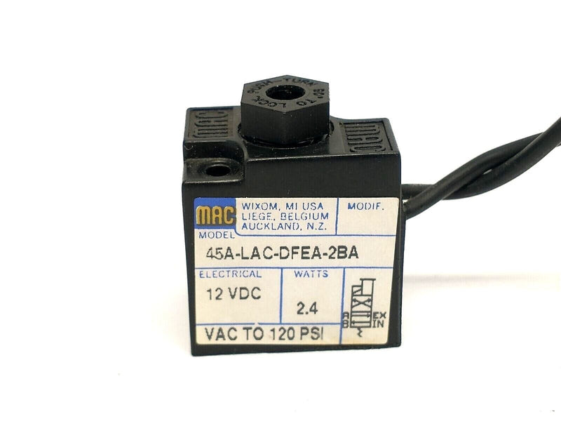 MAC Valves 45A-LAC-DFEA-2BA Manual Operator Solenoid Coil 12VDC 2.4W 120PSI - Maverick Industrial Sales