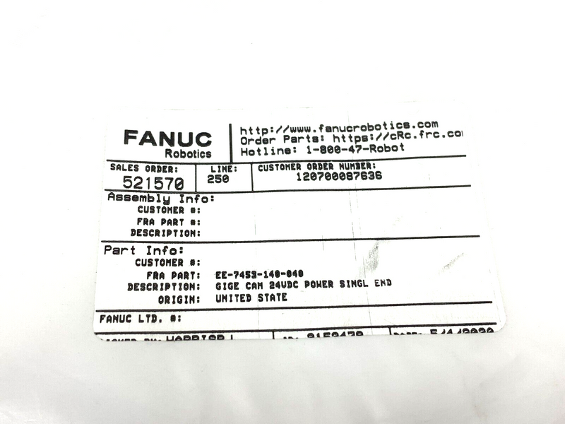 Fanuc EE-7453-140-040 Rev A Single Ended Gige Camera Power Cable 24VDC - Maverick Industrial Sales