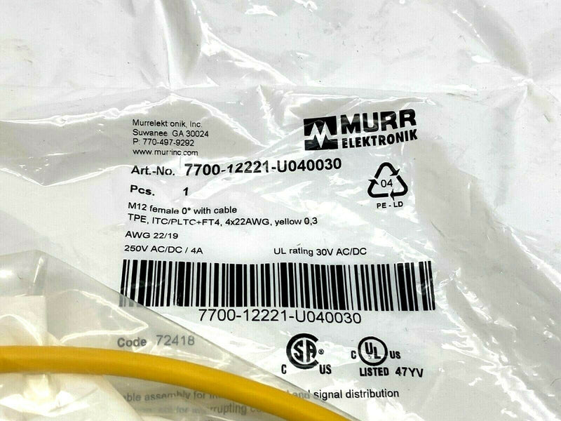 Murr Elektronik 7700-12221-U040030 M12 Female to Flying Leads 0,3m 250V ACDC - Maverick Industrial Sales