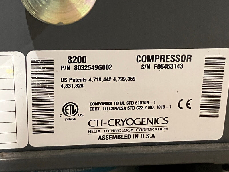 CTI-Cryogenics 8032549G002 8200 Helium Compressor Single Phase 220 VAC - Maverick Industrial Sales