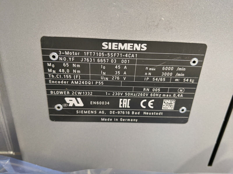 Siemens 1FT7105-5SF71-4CA1 SIMOTICS S Synchronous Motor 1FT7, 65Nm, 3000rpm - Maverick Industrial Sales