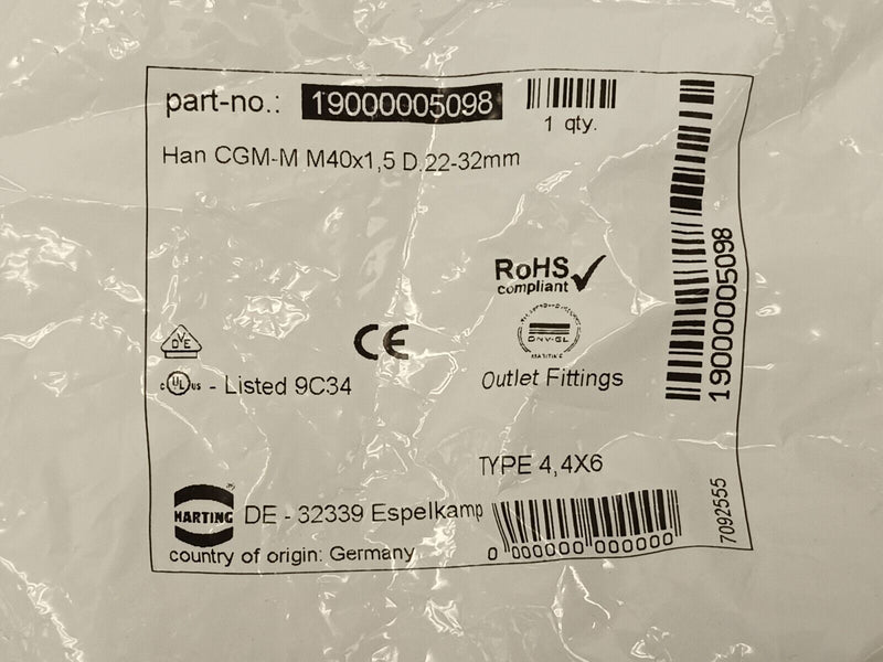 Harting 19000005098 Cable Gland Han CGM-M M40X1,5 D.22-32mm - Maverick Industrial Sales