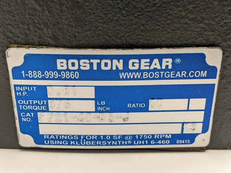 Boston Gear F721-40-B5-J Speed Reducer 0.81HP 40:1 Ratio 5/8" Input 1" Output - Maverick Industrial Sales
