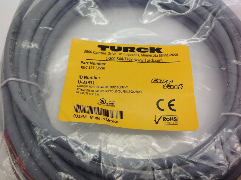 Turck RKC 12T-6/S90 Eurofast Molded Cordset U-33931 12 Pin Female To Free End - Maverick Industrial Sales