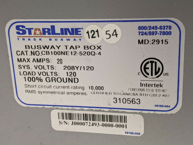 StarLine CB100NE12-520Q-4 Busway Tap Box 120V 20A - Maverick Industrial Sales
