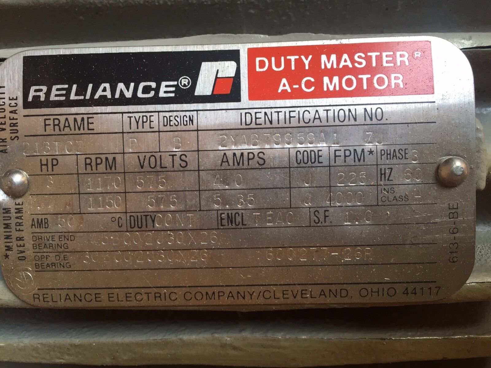 Reliance 213TCZ Type P Duty Master A-C Motor 3HP 575V 4A 1170RPM 225FPM - Maverick Industrial Sales