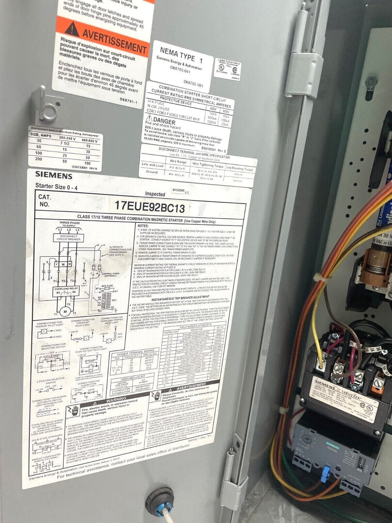 Siemens 17EUE92BC13 Combination Magnetic Motor Starter, 3PH Class 17/18 - Maverick Industrial Sales