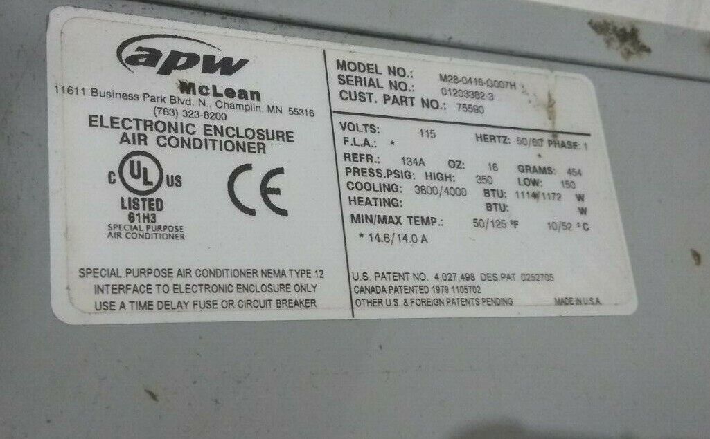 APW McLean M28-0416-G007H Electronic Enclosure Air Conditioner 115V 1PH - Maverick Industrial Sales
