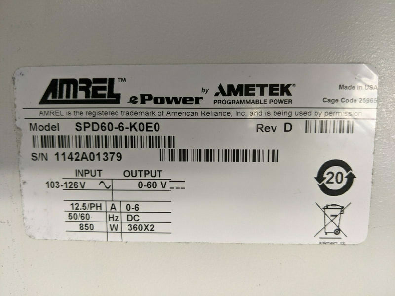 Ametek Amrel SPD60-6-K0E0 Rev D ePower Programmable DC Power Supply 60V 6A - Maverick Industrial Sales