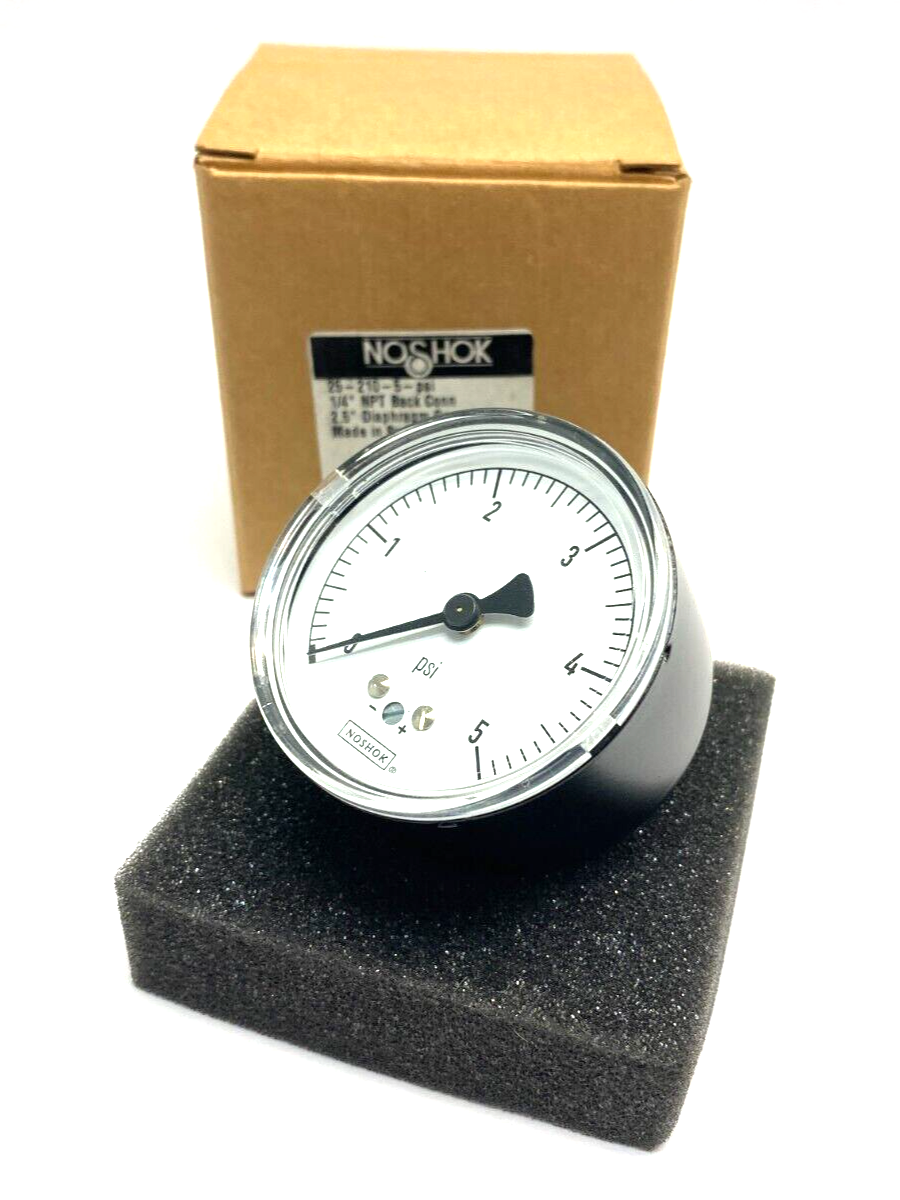 NoShok 25-210-5-PSI Diaphragm Gauge 2.5" Face 1/4" NPT Back Connector Black Body - Maverick Industrial Sales