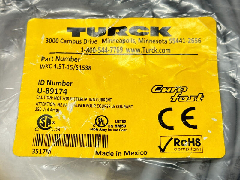 Turck WKC 4.5T-15/S1538 Euro Fast Actuator Sensor Cordset F M12 15m U-89174 - Maverick Industrial Sales