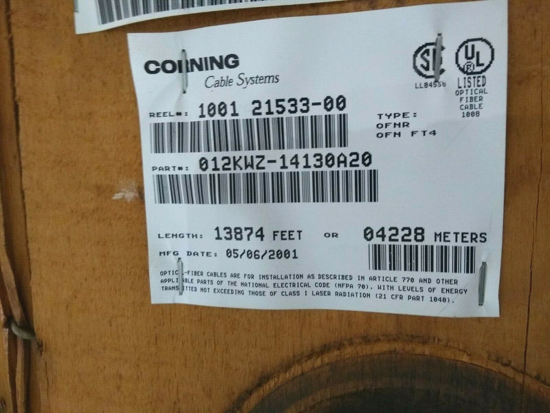 Corning Cable Systems 012KWZ-14130A20 Optical Fiber Cable Spool of 1000 Ft + - Maverick Industrial Sales