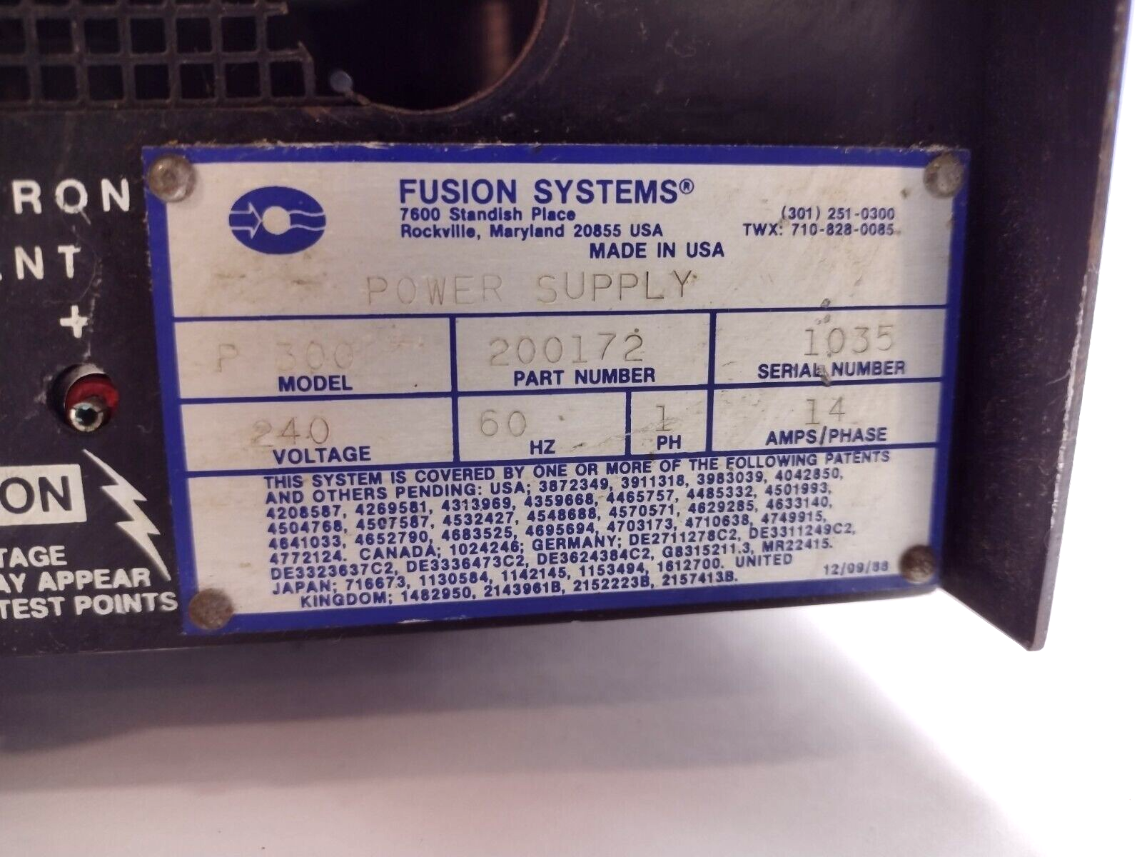 Fusion UV Systems 200172 P 300 14A Power Supply 240V 1PH 60 Hz - Maverick Industrial Sales
