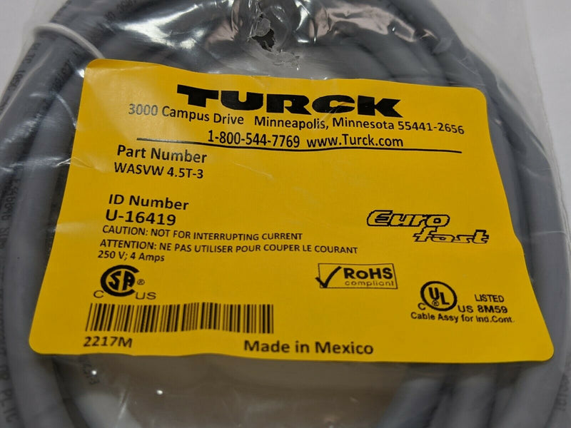 Turck WASVW 4.5T-3 Eurofast Cordset 5 Wire M12 Male Connector U-16419 - Maverick Industrial Sales
