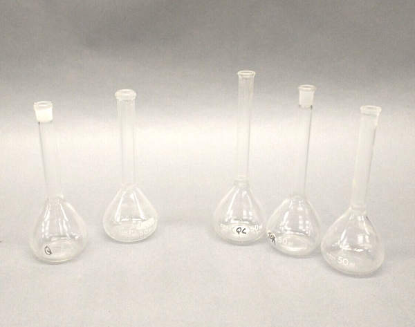 Pyrex 5580-50, Kimble KIMAX 28014-50 & (3) TC 50mL, Volumetric Flask SET OF 5 - Maverick Industrial Sales