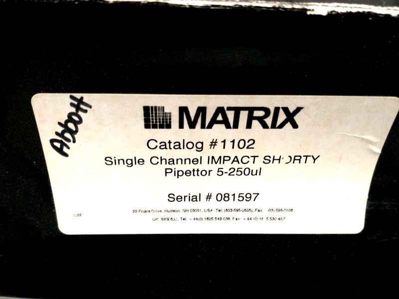 Matrix 1102 Impact Shorty Single Channel Pipettor 5-250uL - Maverick Industrial Sales