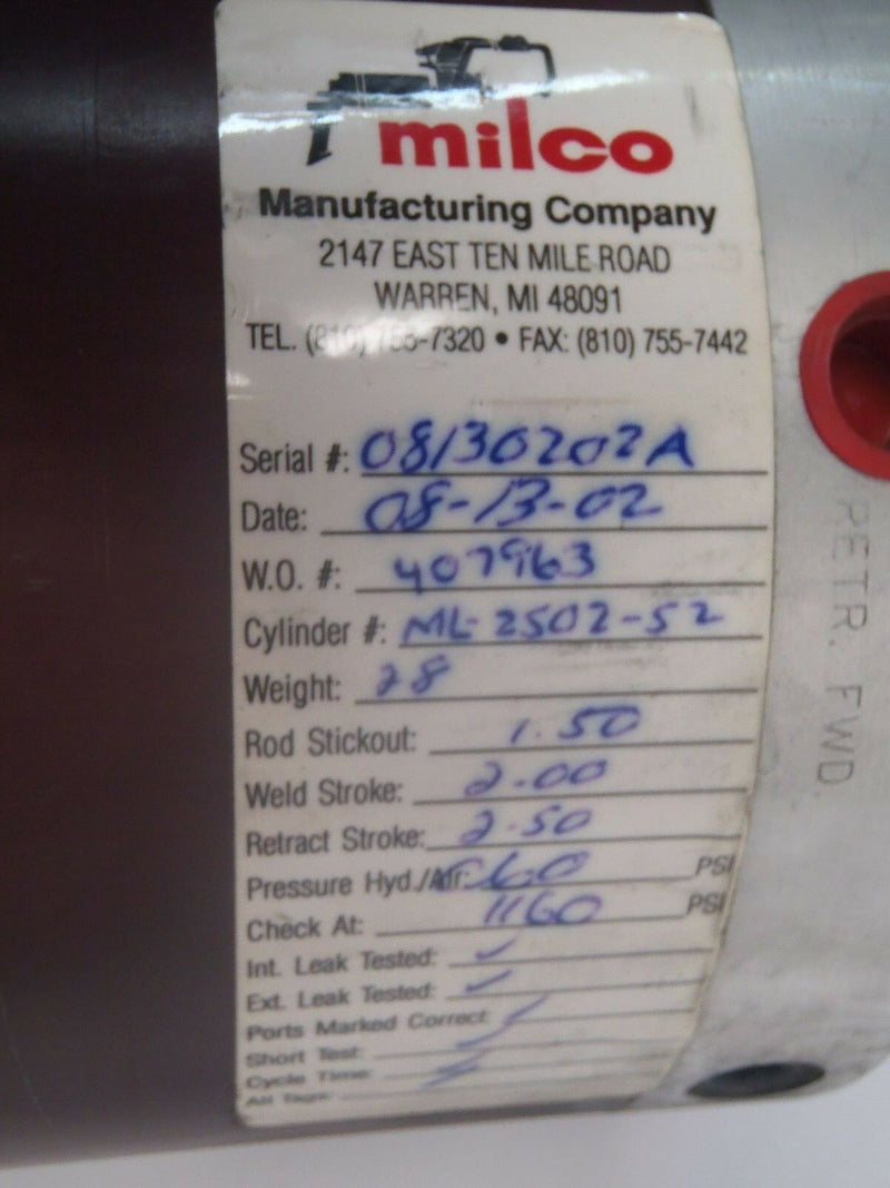 Milco 454-10057-05 Pneumatic Cylinder ML-2502-52, 2.00 Weld Stroke - Maverick Industrial Sales