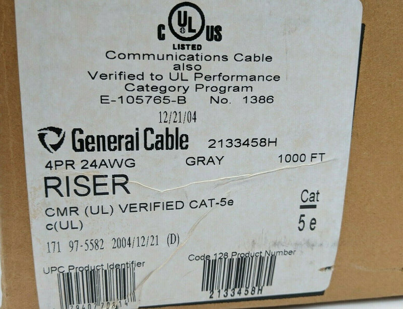 General Cable 2133458H Type CMR Riser Cable Cat5e, 4PR 24AWG, Gray 680' FEET - Maverick Industrial Sales