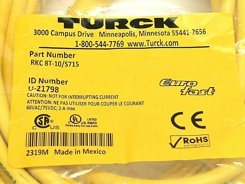 Turck RKC 8T-10/S715 Female M12 Connector Actuator And Sensor Cordset U-21798 - Maverick Industrial Sales