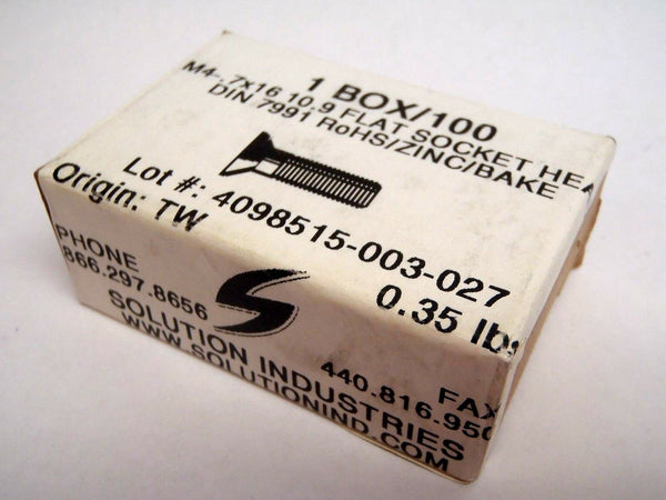 Box of 100 Solution Industries M4 .7x16 10.9 Flat Socket Head DIN 7991 - Maverick Industrial Sales