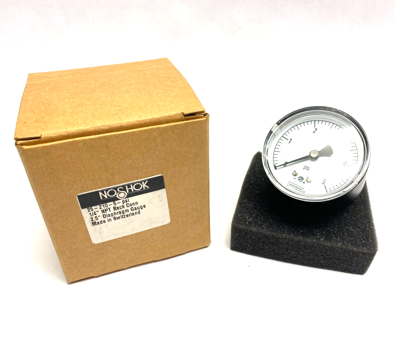 NoShok 25-210-5-PSI Diaphragm Gauge 2.5" Face 1/4" NPT Back Connector Black Body - Maverick Industrial Sales