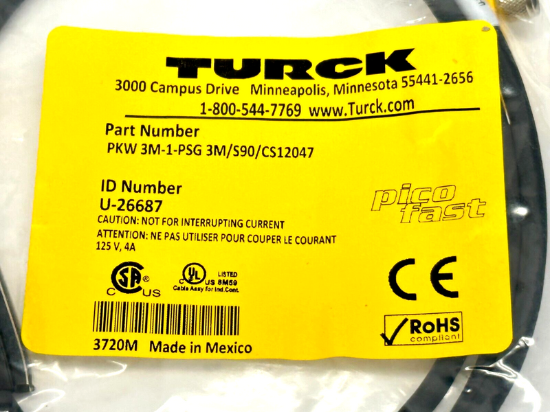 Turck PKW 3M-1-PSG 3M/S90/CS12047 Picofast Cordset 1m U-26687 - Maverick Industrial Sales