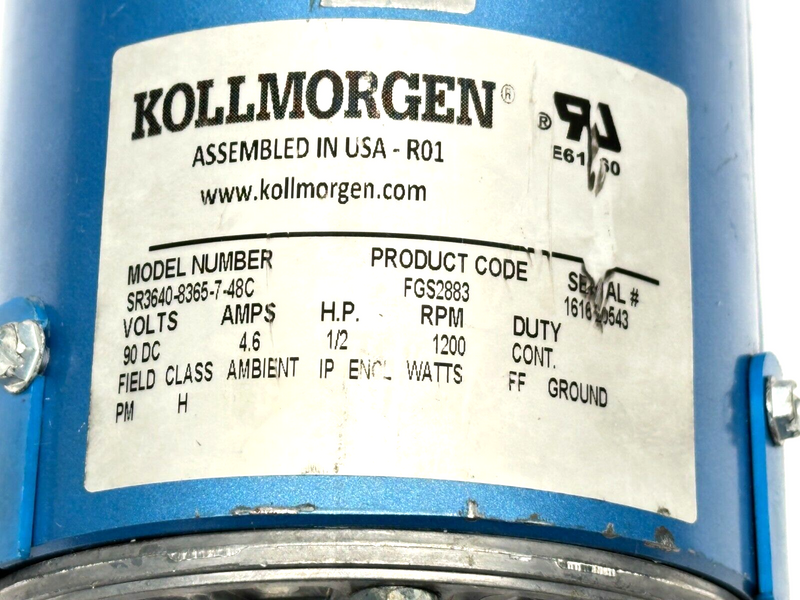 Kollmorgen SR3640-8365-7-48C Permanent Magnet DC Motor 1200RPM 1/2HP 4.6A 90VDC - Maverick Industrial Sales