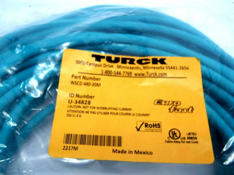 Turck WSCD 440-20M U-34828 Euro Fast 20 Meter Angled M12 Male Single End - Maverick Industrial Sales