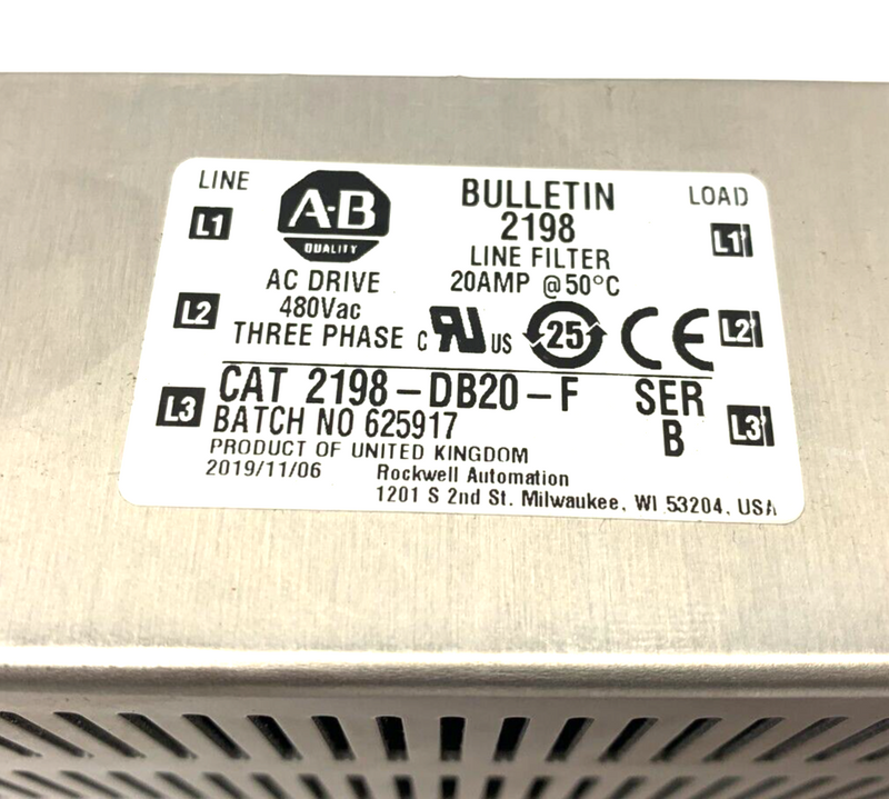 Allen Bradley 2198-DB20-F Ser. B 3-Phase AC Drive Line Filter 20A 480VAC - Maverick Industrial Sales