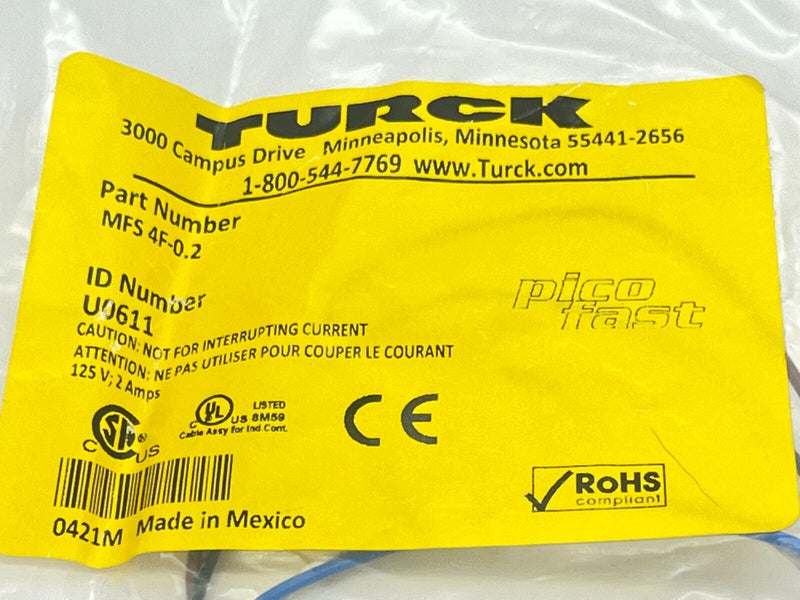 Turck MFS 4F-0.2 Panel Mount Receptacle M8 Male 0.2M Length U0611 - Maverick Industrial Sales